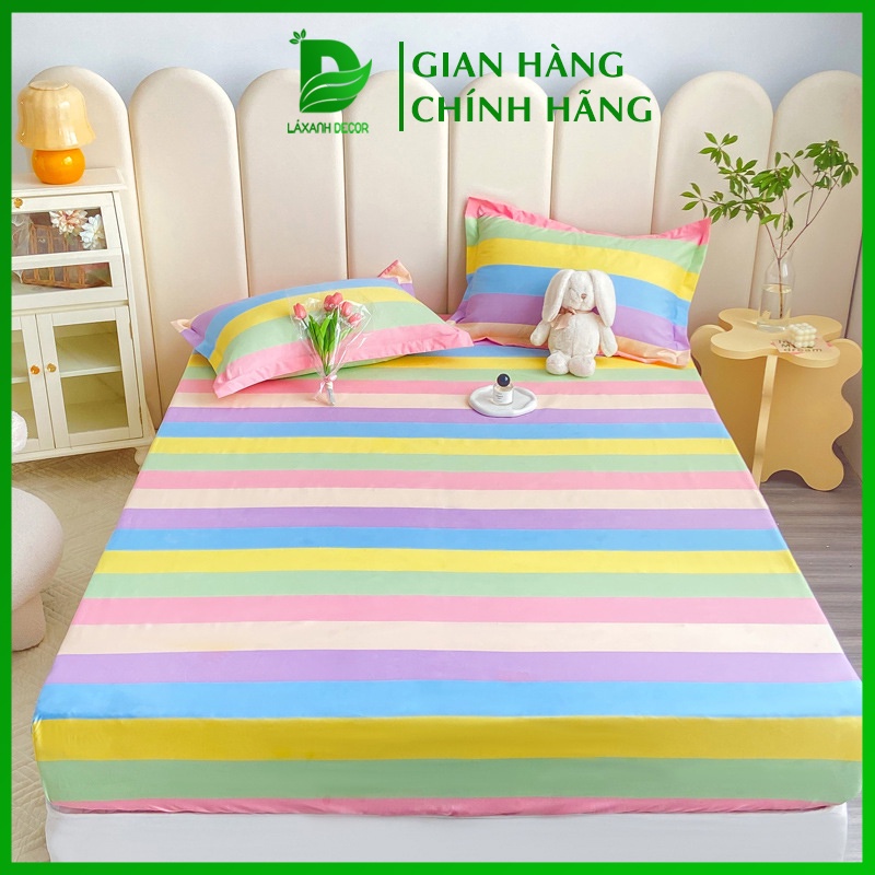 Bộ Ga Gối 3 Món Cotton Poly Mẫu Sọc Kẻ Sắc Màu Hàn Quốc đủ size miễn phí bo chun - Lá Xanh Decor
