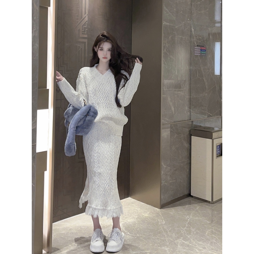 Áo Len Tay Dài Cổ Chữ V + Chân Váy Lưng Cao Phong Cách Hàn Quốc Cho Nữ