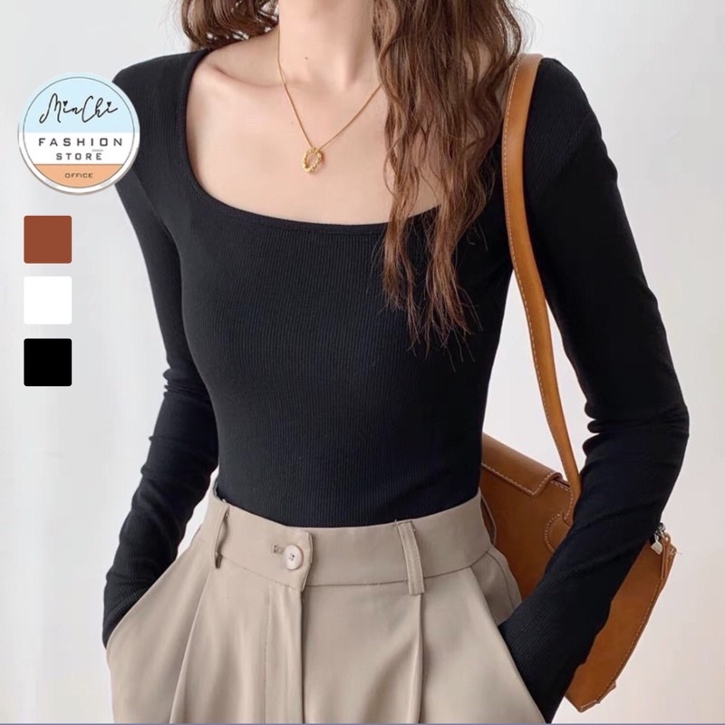 Áo Thun Nữ CRopTop Dài Tay Minchi Cổ Vuông Cotton Borip Co Giãn Đơn Giản Basic Trẻ Trung Năng Động