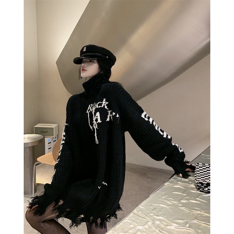Áo sweater Dệt Kim Cổ Cao Màu Đen Thiết Kế Rách Phong Cách Hàn Quốc Cho Nữ