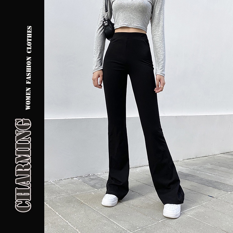 Quần dài ống rộng lưng cao màu sắc thời trang đường phố năng động cho nữ