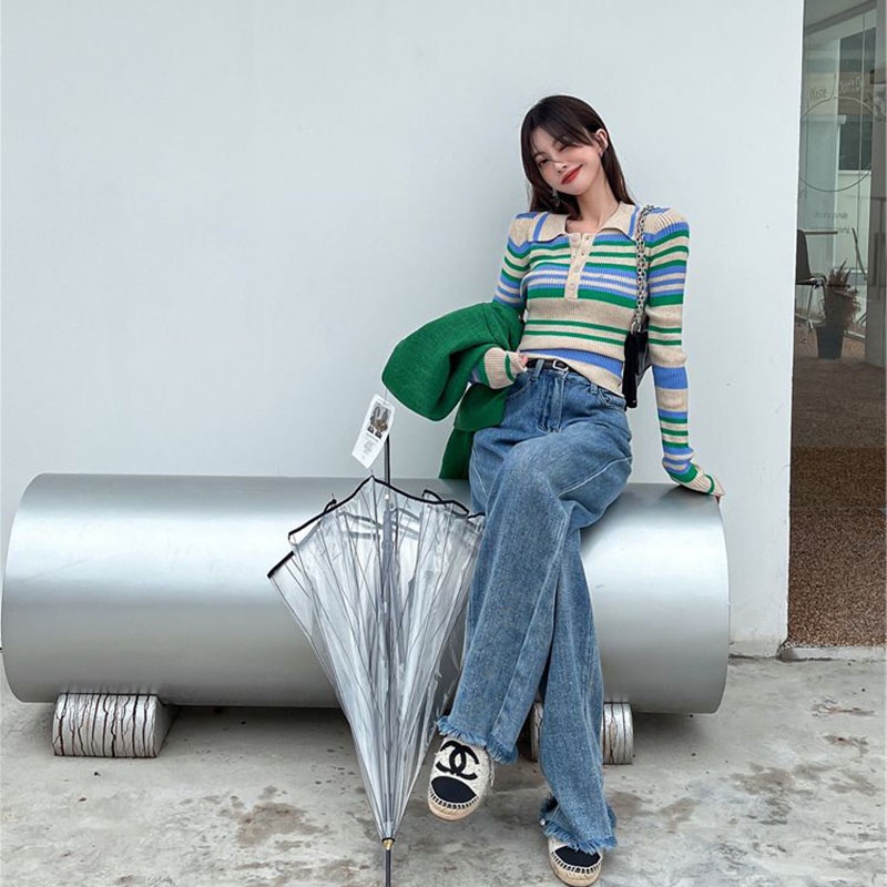 IELGY Áo sweater Cổ polo Tay Dài Dáng Ôm Kẻ Sọc Xinh Xắn Cho Nữ