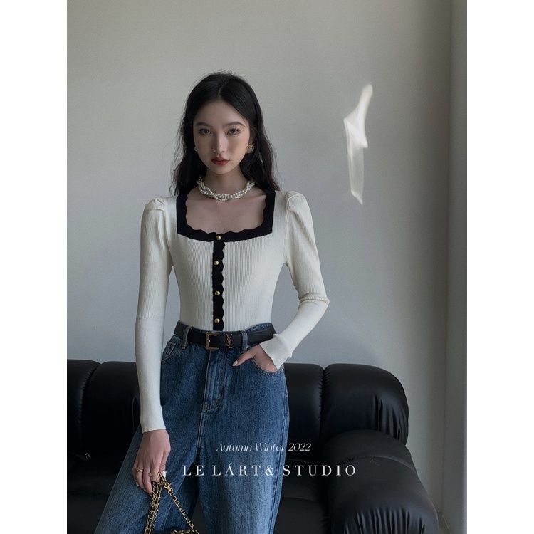 Áo Sweater Dệt Kim Tay Phồng Dài Cổ Vuông Màu Trơn Thời Trang Hàn Quốc Cho Nữ