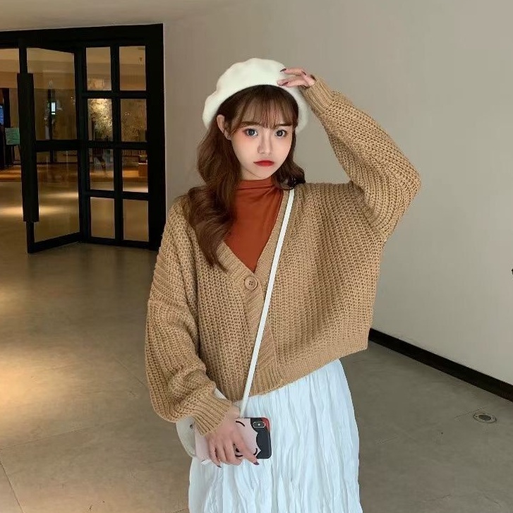 Áo khoác len cardigan croptop nhiều màu cổ V dệt kim dáng rộng cho phái nữ hàng Quảng Châu chất đẹp K-12