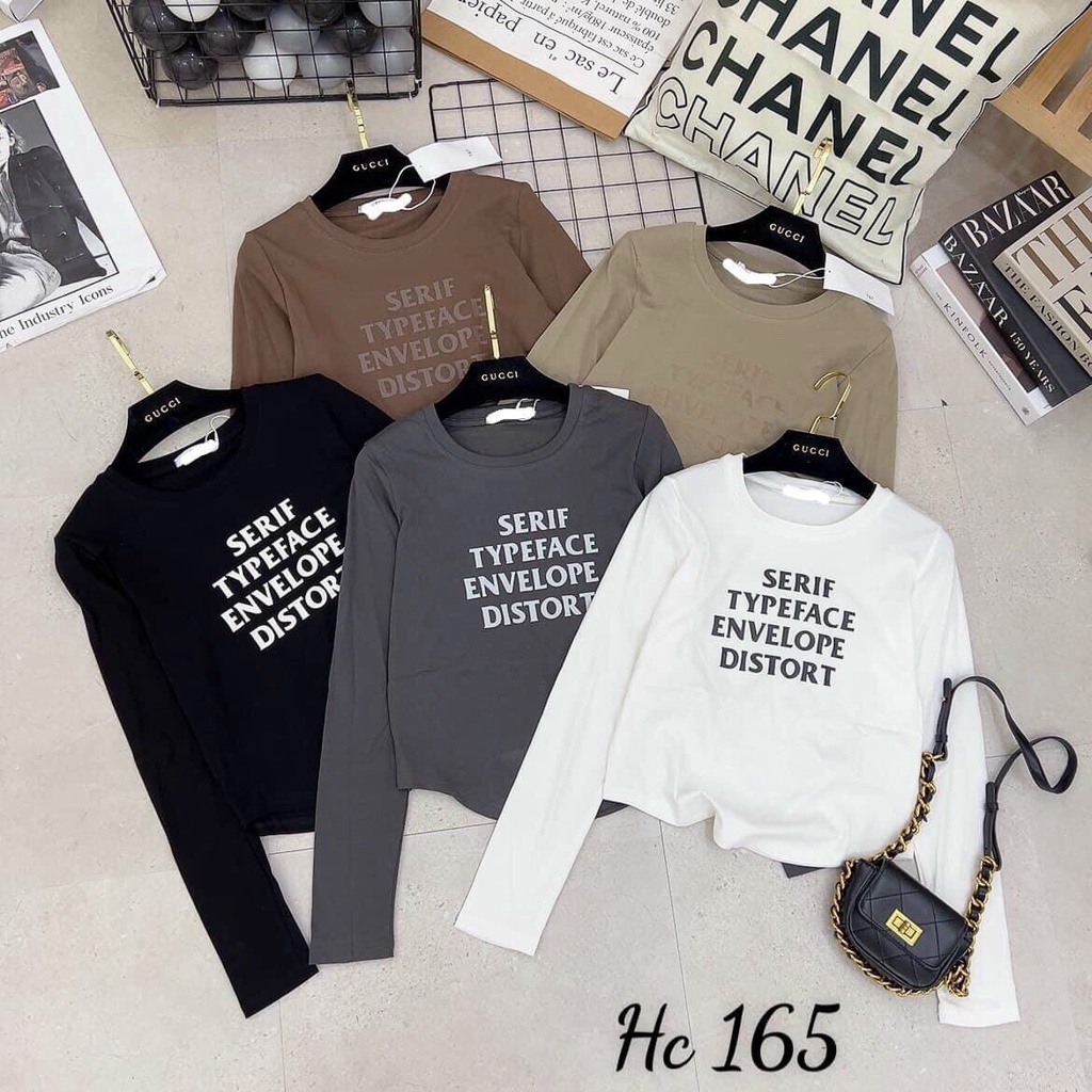 Áo thun nữ tay dài cổ tròn in chữ serif hàng Quảng Châu dáng vừa, áo phông chất cotton form vừa thời trang hàn quốc 165