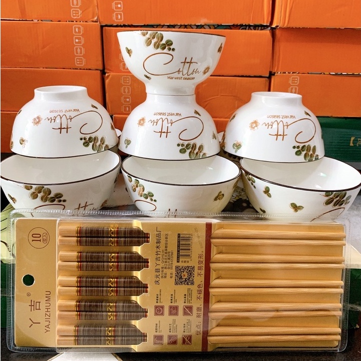 set 10 cái chén sứ hoa cao cấp tặng kèm 10 đôi đũa ( ngẫu nhiên )