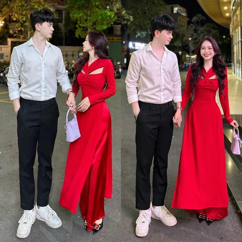 Set Áo Dài Đỏ xoắn ngực