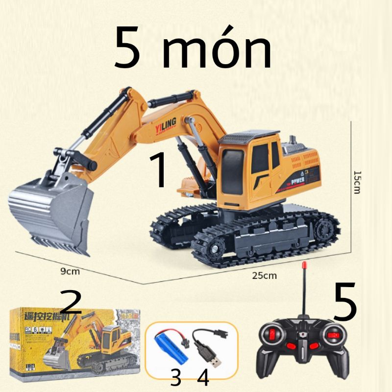 Đồ chơi xe máy xúc điều khiển từ xa, máy múc cẩu 6 nút điều khiển xoay 360° gầu kim loại bền kèm hộp làm quà tặng trẻ em