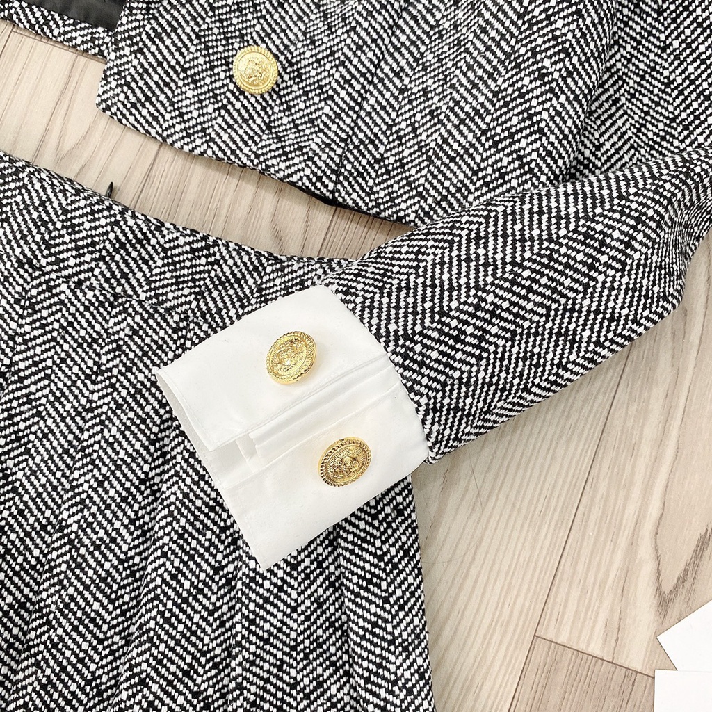 Set áo dạ xương cá cổ vest pha tay + chân váy xếp ly S27103
