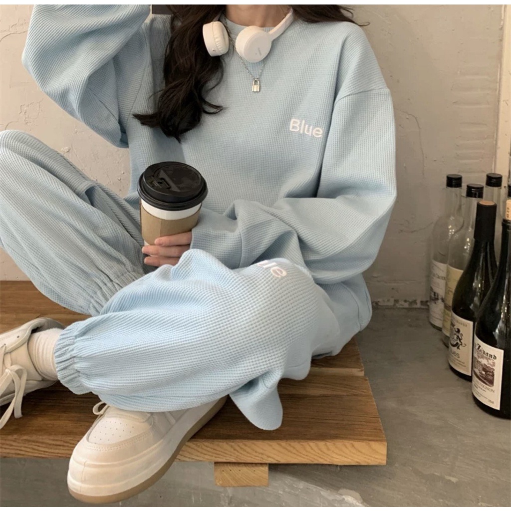 Set bộ nỉ len xốp Blue áo tay bồng quần bo ống oversize Unisex - Bộ nỉ tổ ong thiết kế phong cách cá tính