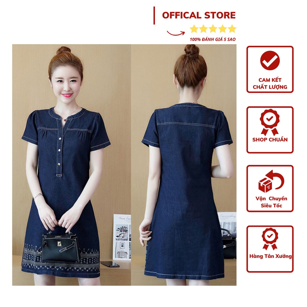 Đầm Jean Thun Co Giản Tốt Ngắn Tay Cổ V Thêu Họa Tiết Thời Trang