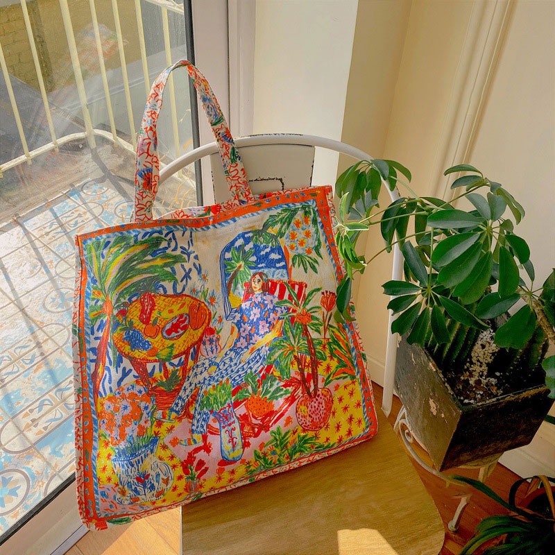 Túi xách YADOU chất liệu vải canvas hai mặt sức chứa lớn họa tiết in hoa thời trang