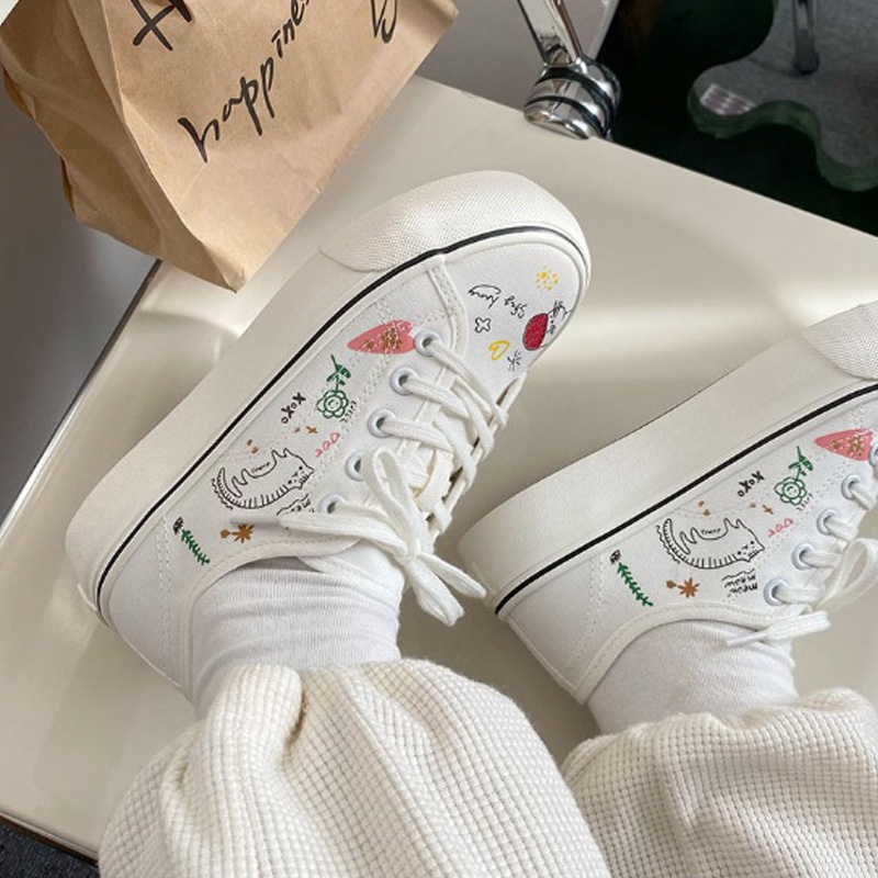 Giày Vải Canvas Màu Trắng Họa Tiết Nhí Vẽ Tay Xu Xiaonuo Dễ Thương  BM018-Molita