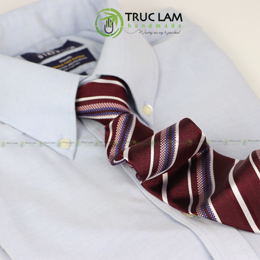 Cà Vạt Lụa 8cm Cho Nam Cao Cấp Họa Tiết Sang Trọng Kẻ Sọc Đỏ MS8 - Trúc Lâm Handmade
