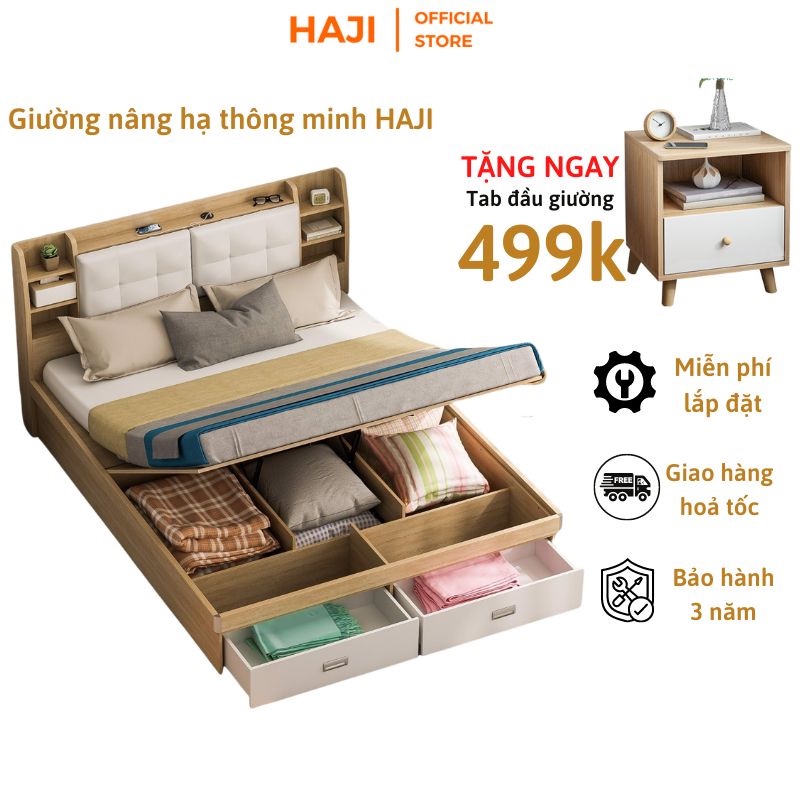 [TẶNG TAB ĐẦU GIƯỜNG 499K] Giường ngủ nâng hạ thông minh HAJI dễ dàng lưu trữ tiết kiệm không gian A235