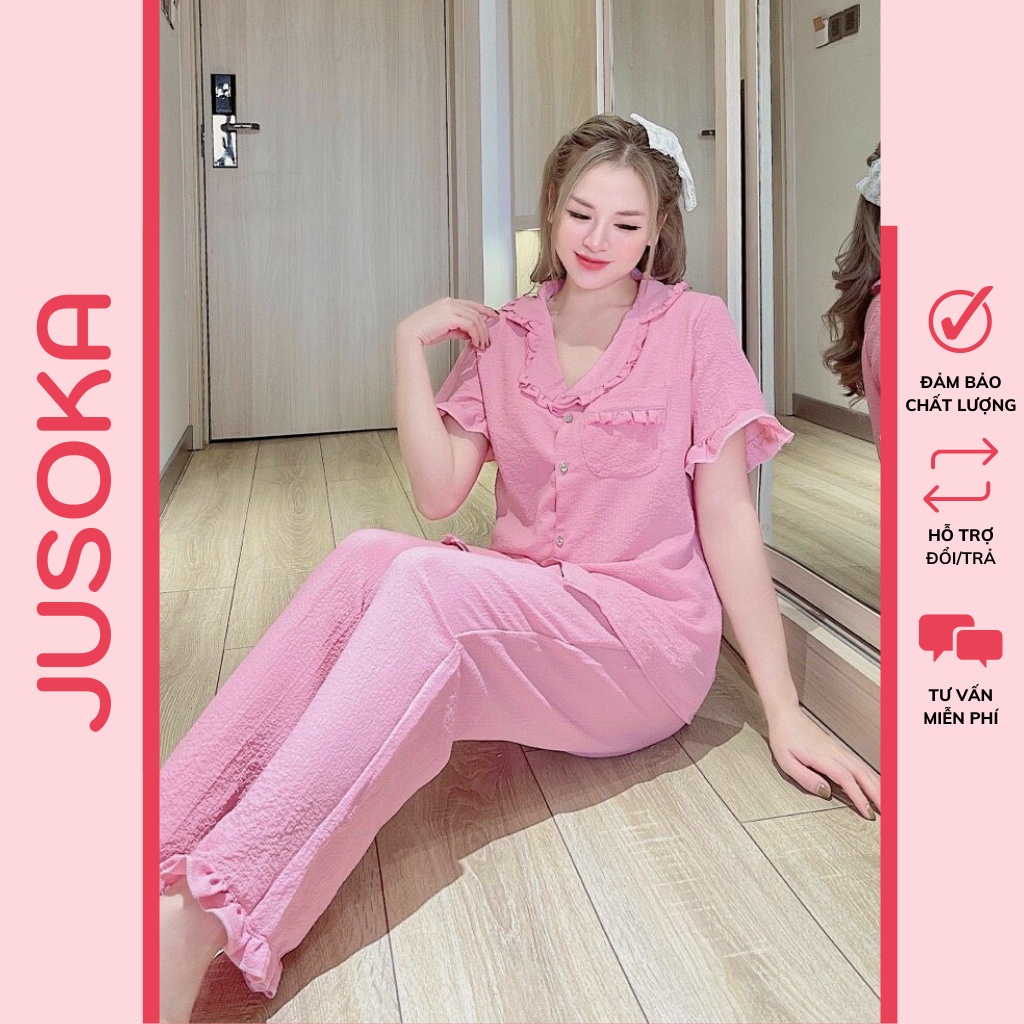 Đồ ngủ nữ Pijama mặc nhà chất liệu xốp nhún áo cộc quần dài dễ thương siêu mềm mịn JUSOKA TN02