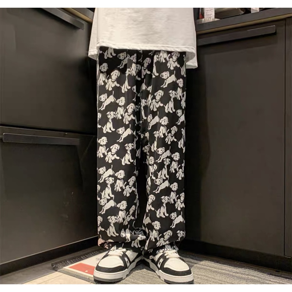 Quần thun ống suông hoạ tiết chú chó phong cách unisex nam nữ SIB135