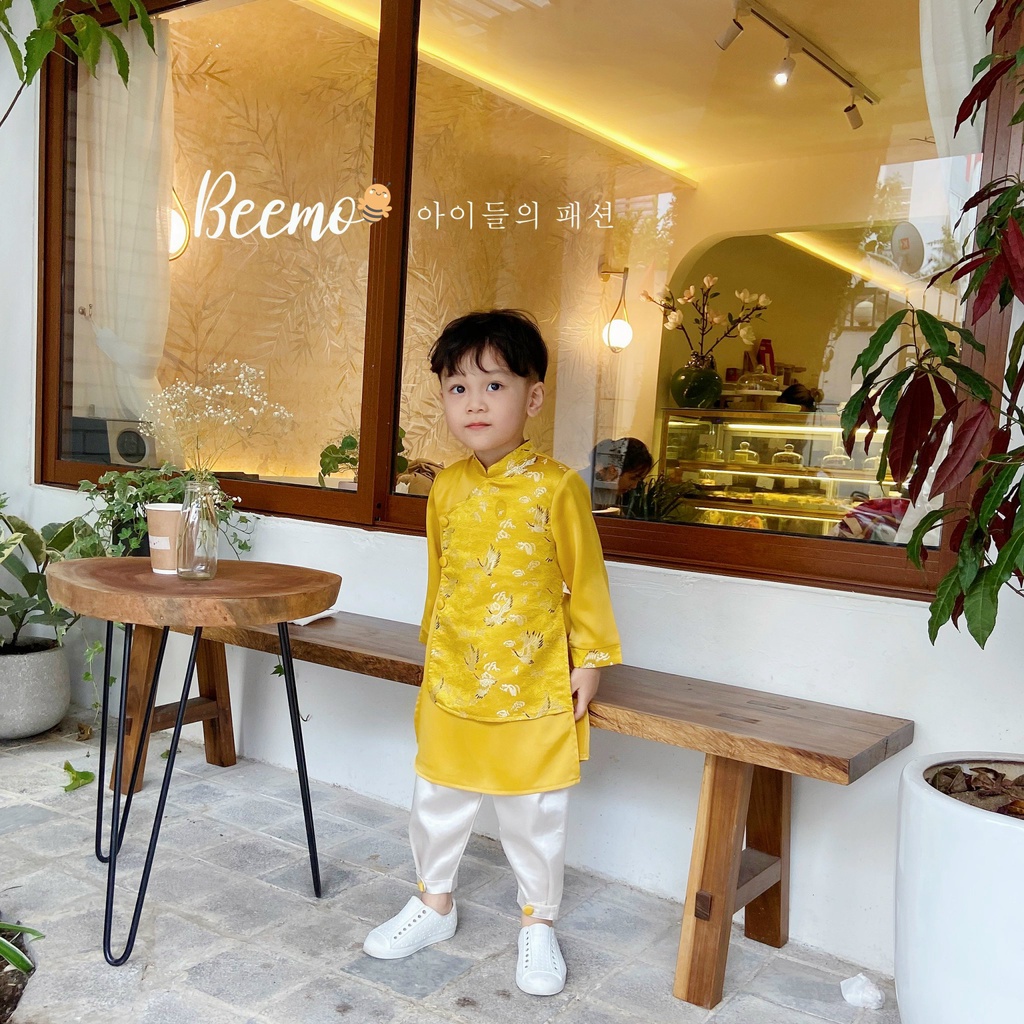 Bộ set áo dài Beemo thêu hình hạc vải lụa mềm mại mặc Tết, sự kiện cho bé trai bé gái từ 1 đến 7 tuổi - 20D099