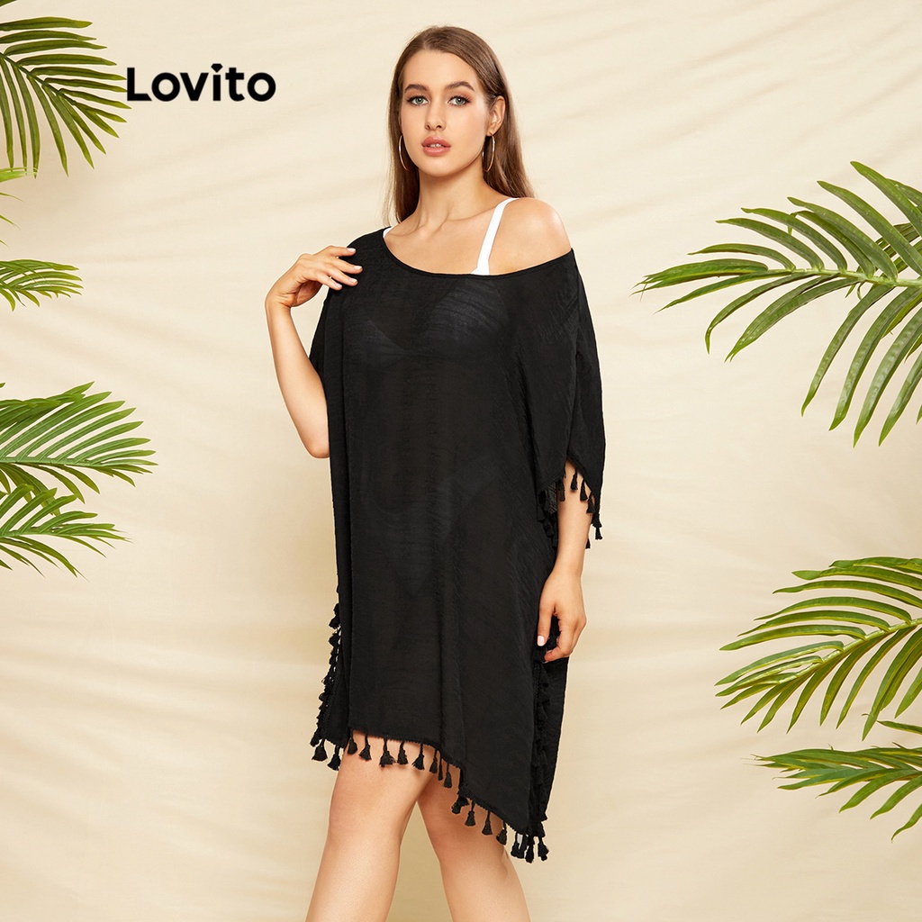 Lovito sexy Áo khoác nữ có tua rua trơn L33AD042 (Đen)