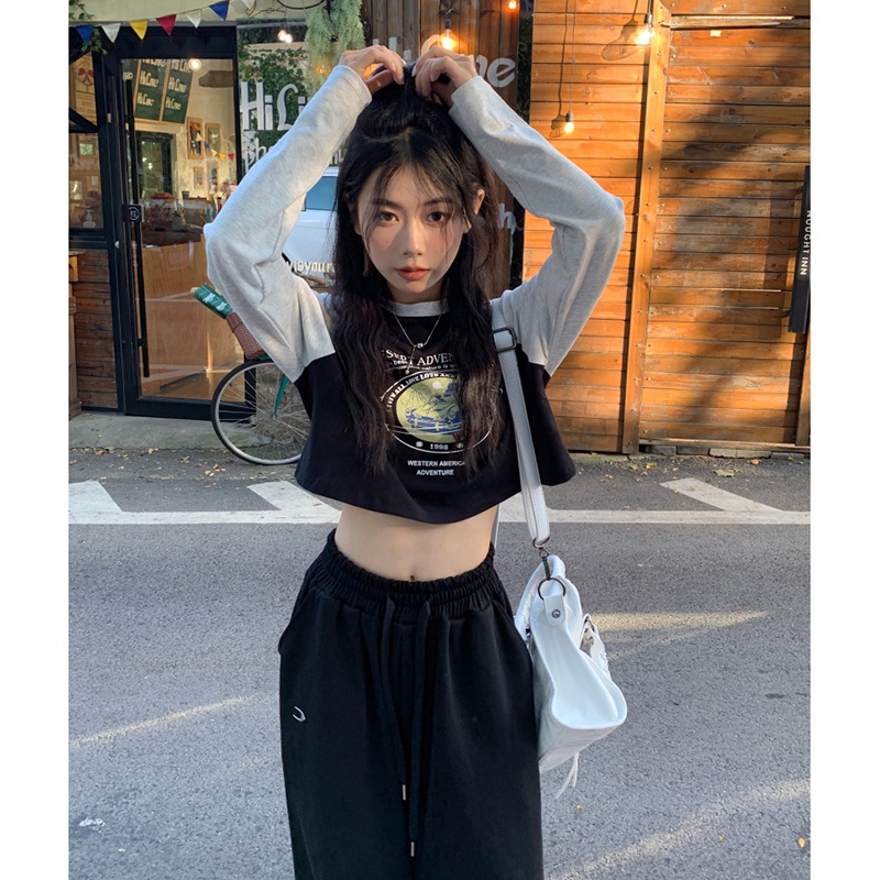 Áo Thun Nữ Dài Tay In Chữ Tương Phản Phong Cách Vintage Mới