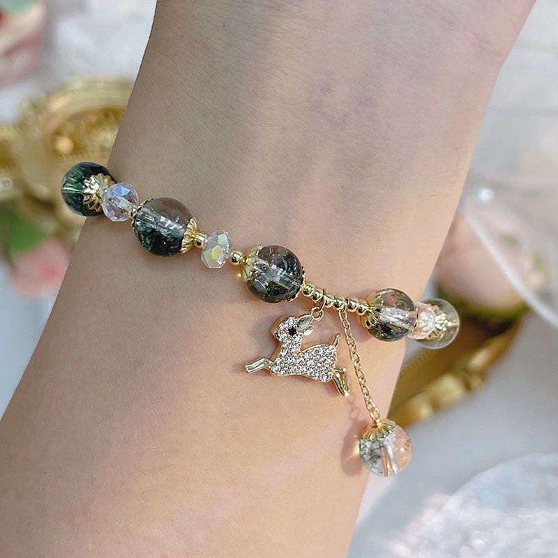 Hàng Mới Về [Hàng Mới Về] Vòng Đeo Tay Mặt Hình Nai Đính Đá Pha Lê Xanh Lá Phong Cách Mori Cho Bạn Gái