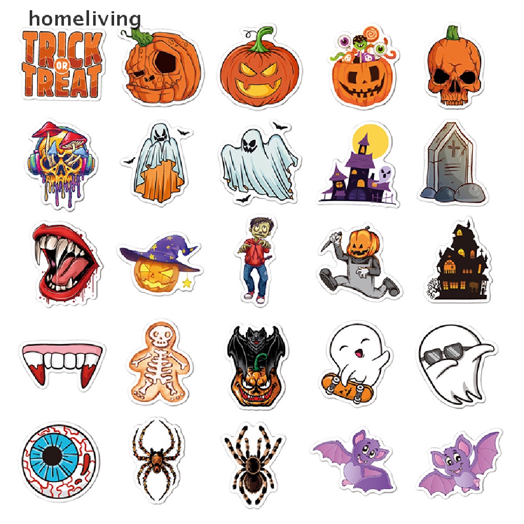 Bộ 50 Miếng Dán Trang Trí Laptop / Guitar / Ván Trượt / Hành Lý Họa Tiết Bí Ngô Kiểu Halloween