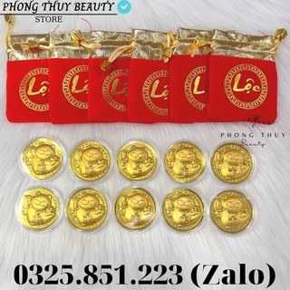 Sỉ combo 10 đồng xu lá vàng hình mèo thần tài may mắn kèm túi nhung phúc - lộc