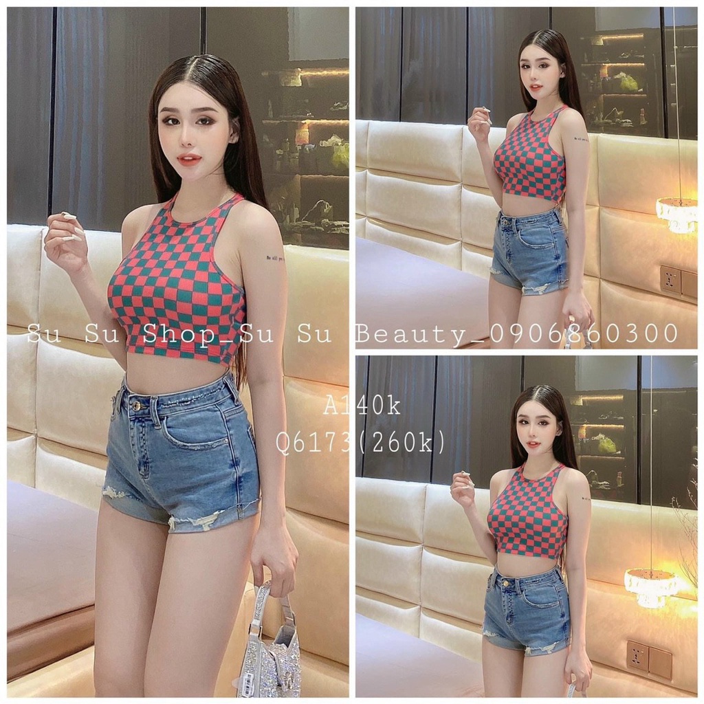 Áo kiểu nữ ba lỗ croptop basic chất thun gân caro cá tính