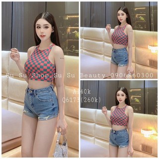 Áo kiểu nữ ba lỗ croptop basic chất thun gân caro cá tính