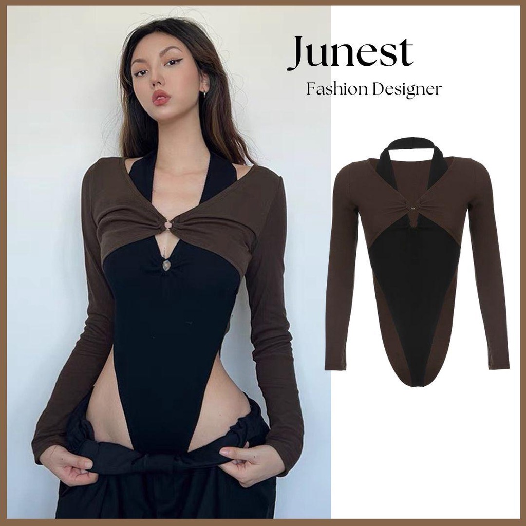 Áo liền quần tay dài nữ Junest  Bodysuit dáng ôm phối 2 màu cá tính  cổ yếm khuyết tròn  ALQPM003