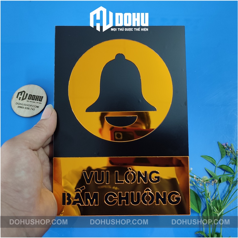Bảng bấm chuông, biển nhấn chuông Gương Vàng 20x14cm