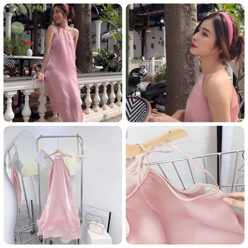 ĐẦM MIDI HỒNG CỔ YẾM KHOÉT EO HỞ LƯNG