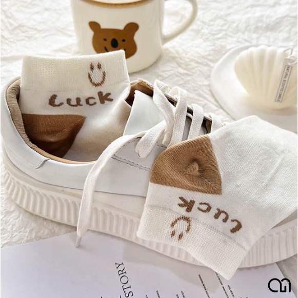 Tất Vớ Cổ Ngắn Nữ Tone Màu Nâu Họa Tiết Gấu Thời Trang Đẹp Vải Cotton