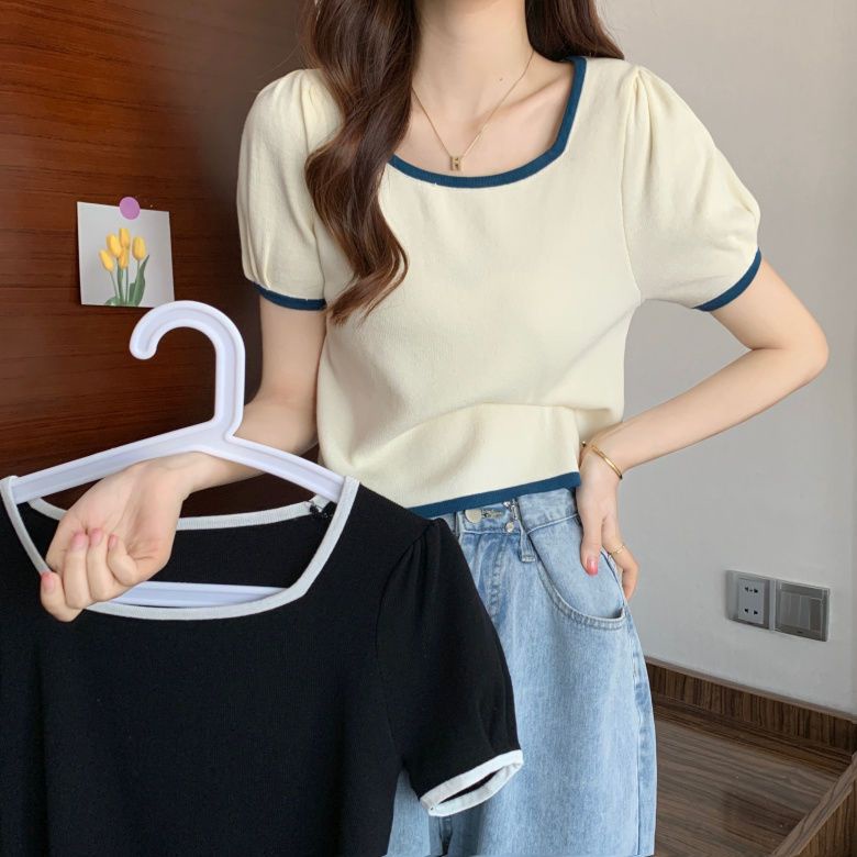 Áo Thun Tay Ngắn Phồng Cổ Vuông Màu Tương Phản Thời Trang Mùa Hè Cho Nữ