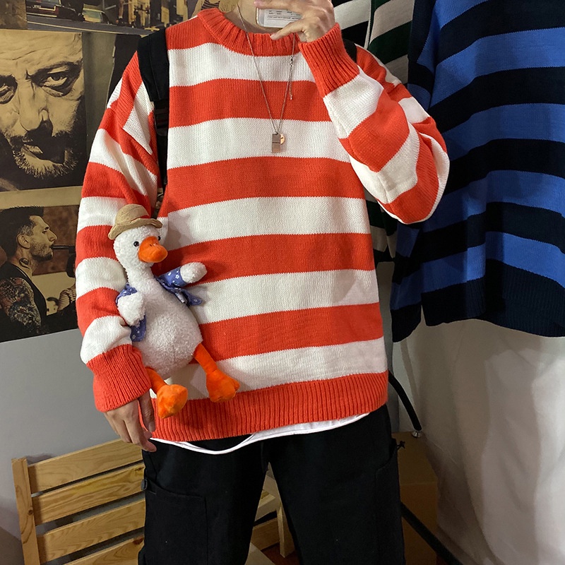 Áo Sweater Cổ Tròn Dáng Rộng Họa Tiết Kẻ Sọc Phong Cách Hàn Quốc Thời Trang Mùa Thu Cho Nam Fru221
