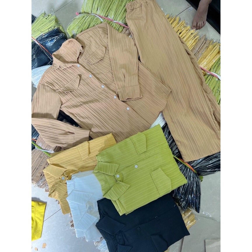 Sét bộ nữ sơ mi tay dài phối túi mix quần dài suông trẻ trung năng động