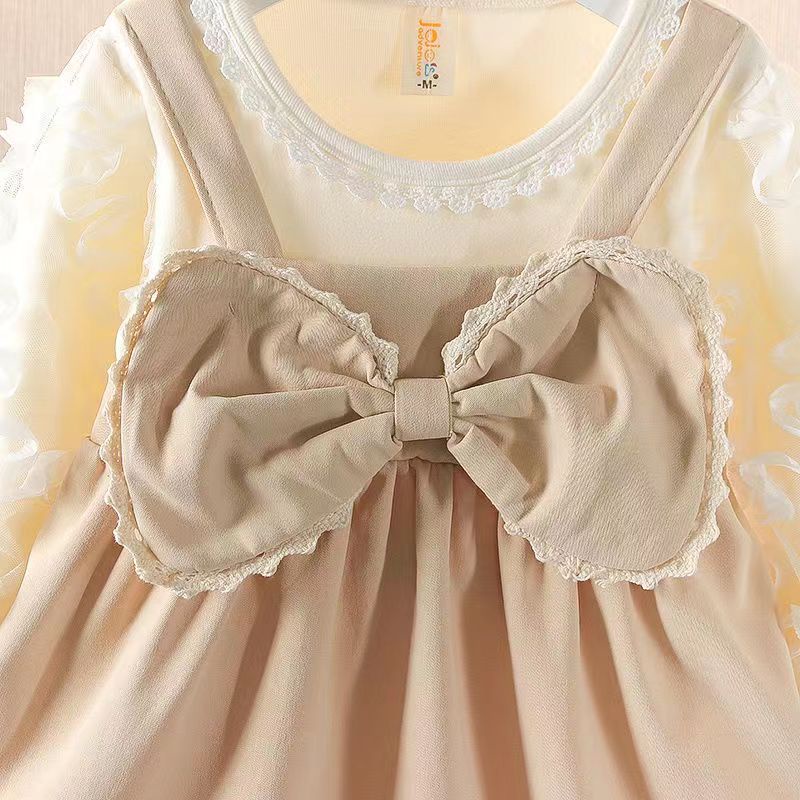 Paulababy Thời Trang Đầm Công Chúa Tay Dài Giả Hai Mảnh Đính Nơ Dễ Thương Cho Bé Gái