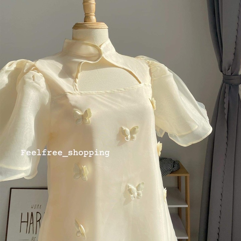 Đầm Váy Be Babydoll đính hoa Dáng Ngắn Cổ Tàu 2 Lớp Mặc Đi Tiệc Đi Chơi