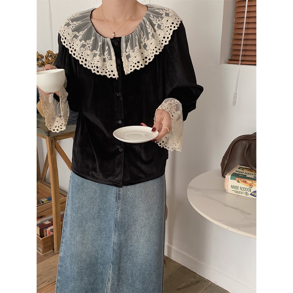 Áo Nhung Dài Tay Phối Ren Thời Trang Mùa Thu Phong Cách Pháp Cổ Điển Dành Cho Nữ
