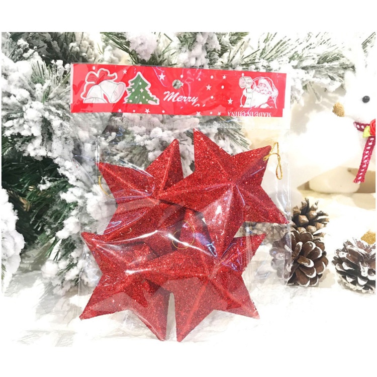 Set 4 ngôi sao trang trí Noel 7.5cm, ngôi sao treo cây thông Giáng sinh màu vàng/ bạc/ đỏ ánh kim