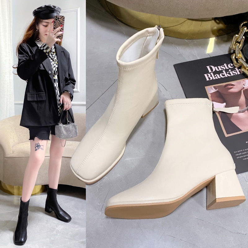 Bốt nữ cao cổ gót vuông 5p giày boot nữ da mềm lót lông ôm chân khóa kéo sau cao cấp, Sara M18