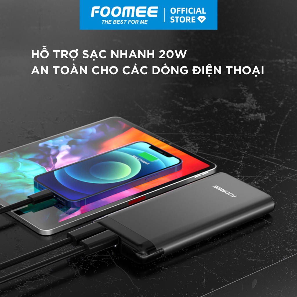 Pin Sạc Dự Phòng 10000mAh FOOMEE AH10s - Sạc Nhanh 20W Đầu ra USB/Type C- Đầu vào Micro/Type-C - 1 đổi 1 trong 12 tháng