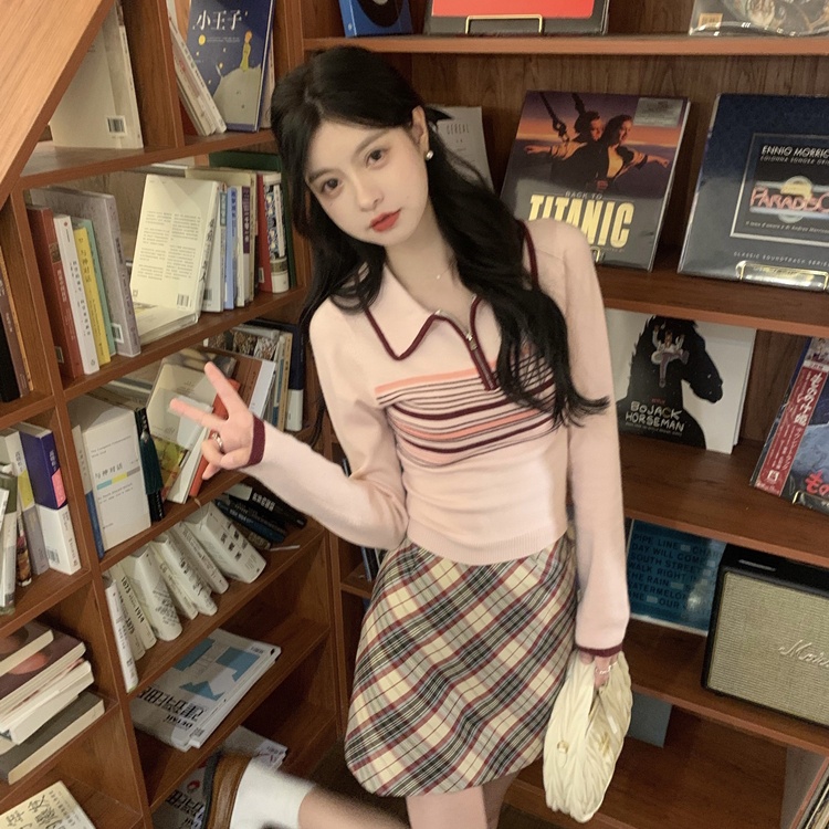 SUXI Áo Polo Dệt Kim Tay Dài Dáng Ôm Kẻ Sọc Kiểu Hàn Quốc Xinh Xắn Cho Nữ