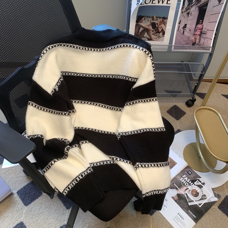 Áo sweater Dáng Rộng Họa Tiết Kẻ Sọc Thời Trang Thu Đông Phong Cách Hong Kong Cho Nữ