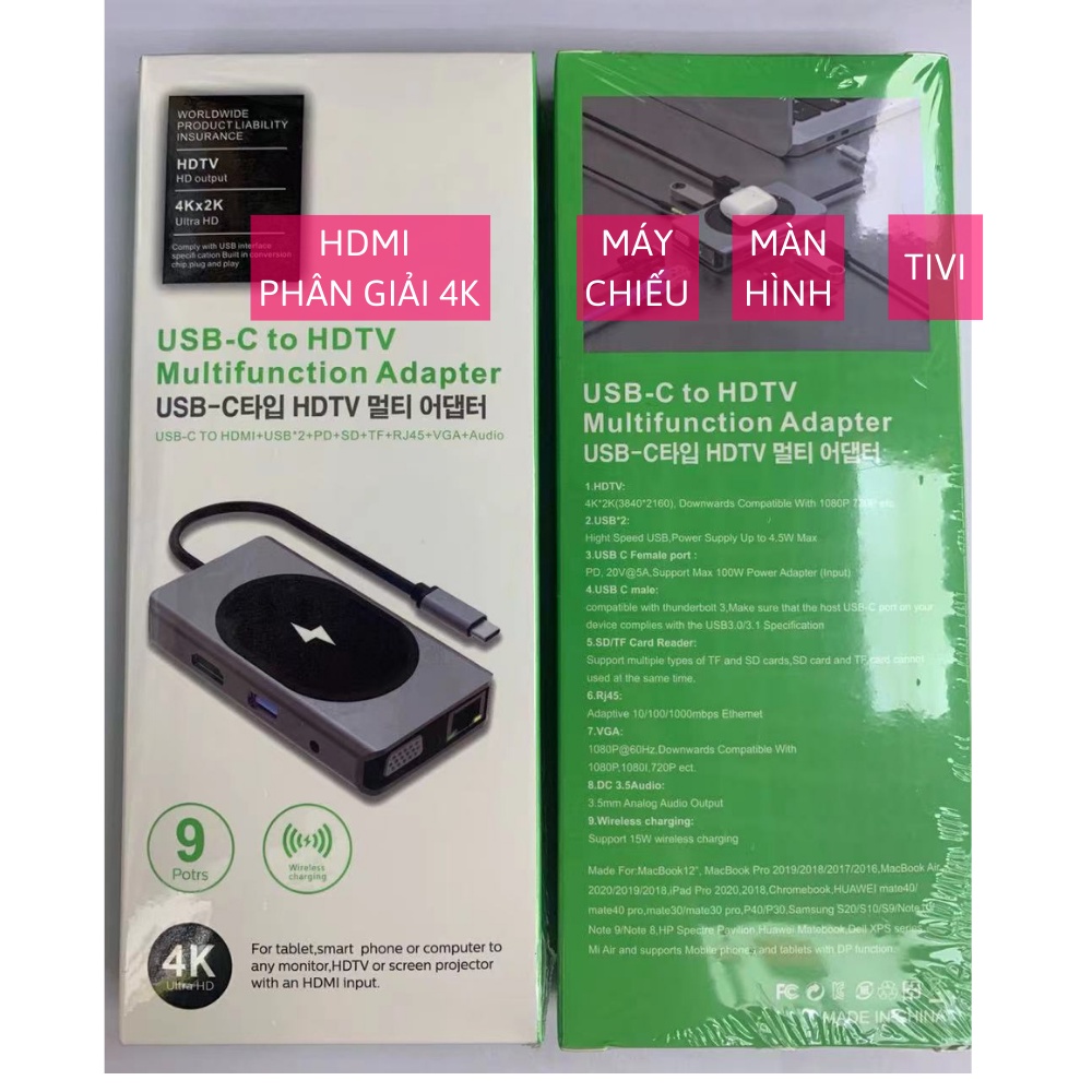 Bộ chuyển THUNDERBOLT CHO LAPTOP , MACBOX USB Type C HUB 9 IN 1 TO HDMI VGA AUDIO USB  KÈM SẠC KHÔNG DÂY 15W