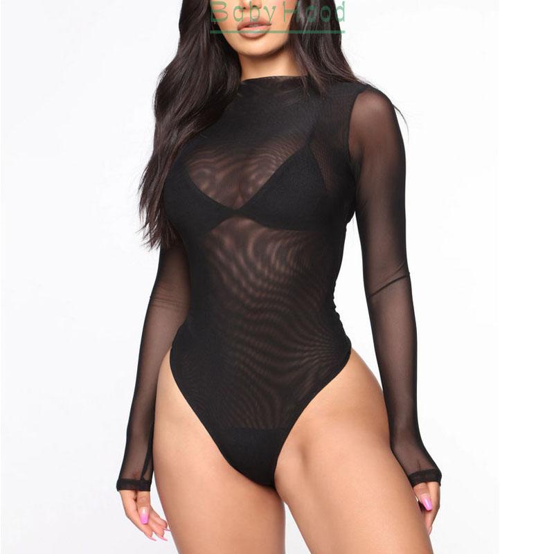 Ladies Women Bodysuit Leotard Lingerie Long sleeve See through Stretch Thongs#BBHOOD