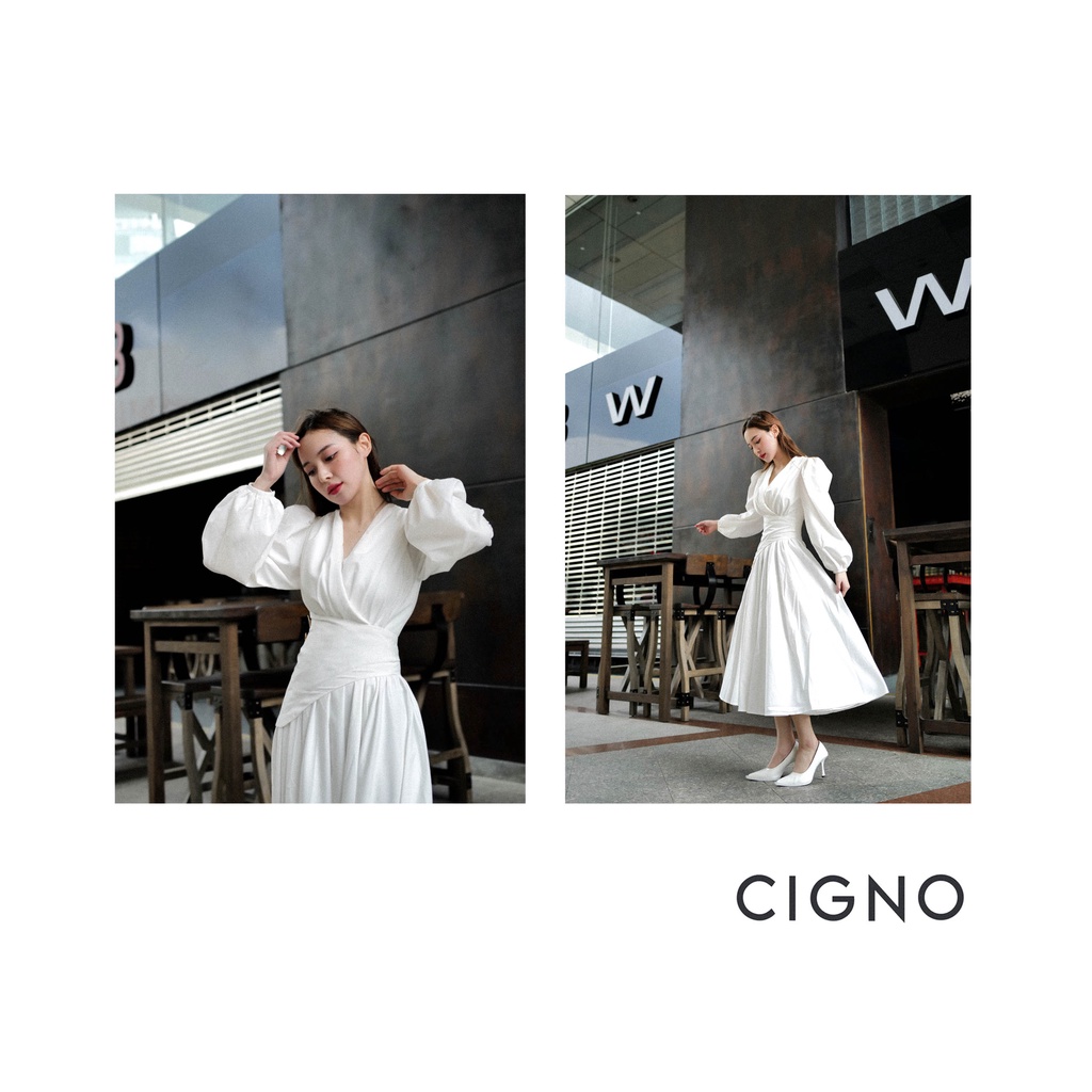 CIGNO-đầm Phoebe phối đai eo, tay dày phong cách cổ điển
