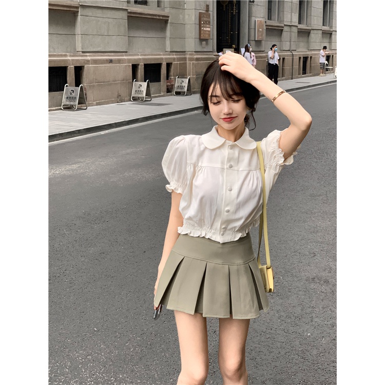 Áo Sơ Mi Croptop tay phồng xinh xắn cho nữ A057Áo kiểu trắng cổ Peter Pan bo chun gấu