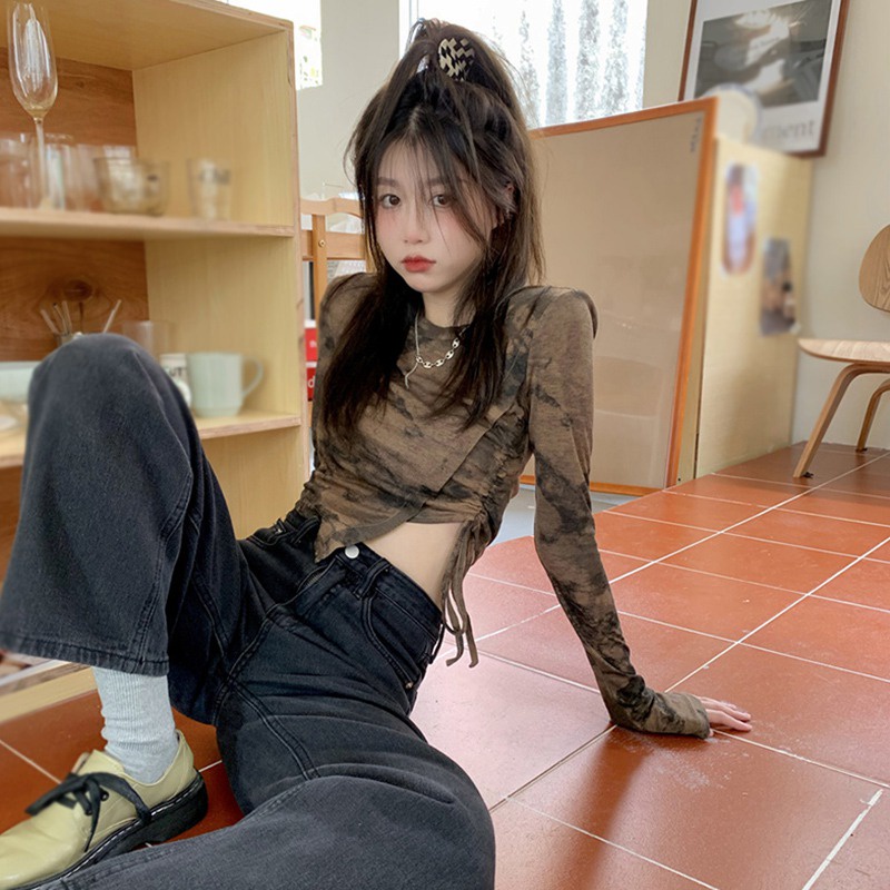 Áo Croptop Tay Dài Cổ Tròn Thiết Kế Dây Rút Độc Đáo Thời Trang Cá Tính Cho Nữ