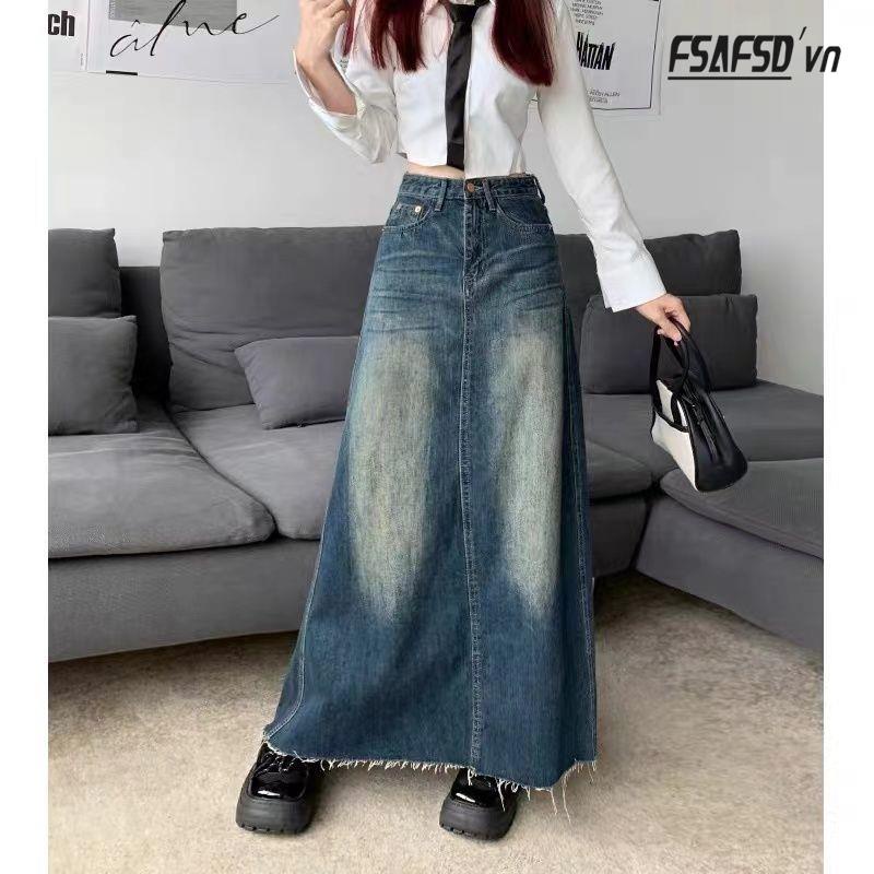 Chân Váy Denim Dài Dáng Chữ A Phong Cách Retro Dành Cho Nữ